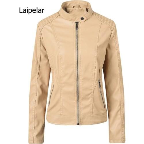 New Fashion Women Leather Jacket Vintage Womens Pu Leather Jacket Mandarin Collar Slim Female Black Faux Leather Outwear