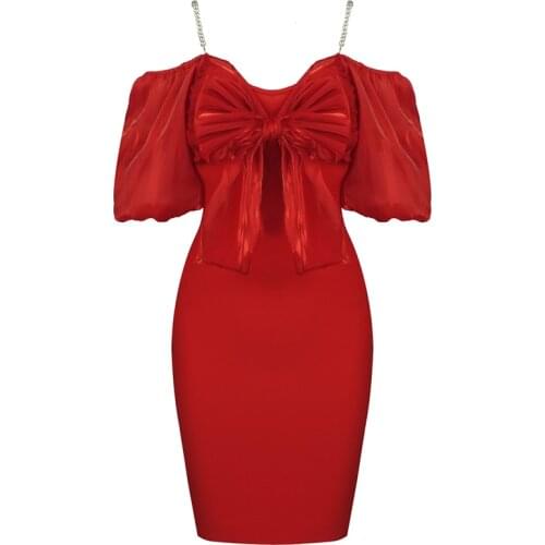 New Fashion Sexy Black Beading Spaghetti Straps Short Sleeves Bow Mini Bodycon Bandage Dress Woman Night Club Party Dress