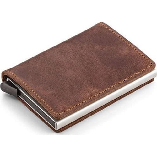 By dhl 100pcs 2018 Genuine Leather Card Holder Vintage Purse Crazy Horse Leather Rfid Aluminium Credit Business Card Holder