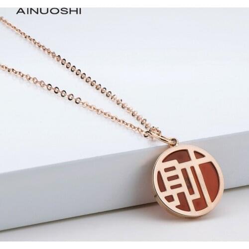 AINUOSHI 18K Rose Gold 0.008ct Real Diamond 1.24ct Red Agate Chinese Text symbol Pendant Necklace for Women Jewelry Gift 18