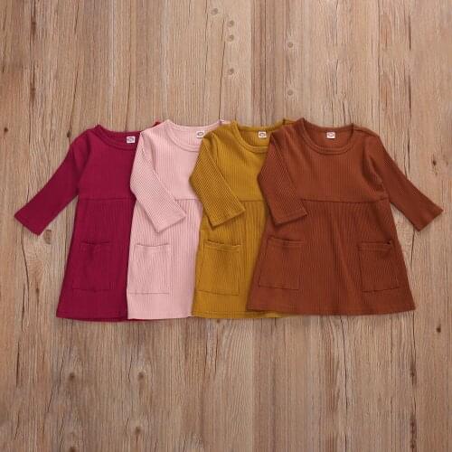 Kids Baby Girls Dress Solid Color Long Sleeve Knited Pocket A-line Knee-Length Dress Autumn Warm Sundress
