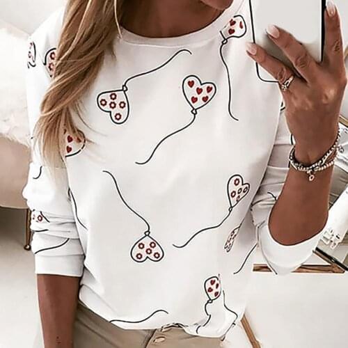 Women Casual O Neck Pullovers Soft Short Tops Slim-Fit Hoodie Blouse LongSleeve Love Heart Balloon Print Loose Blouse Top Hoodie