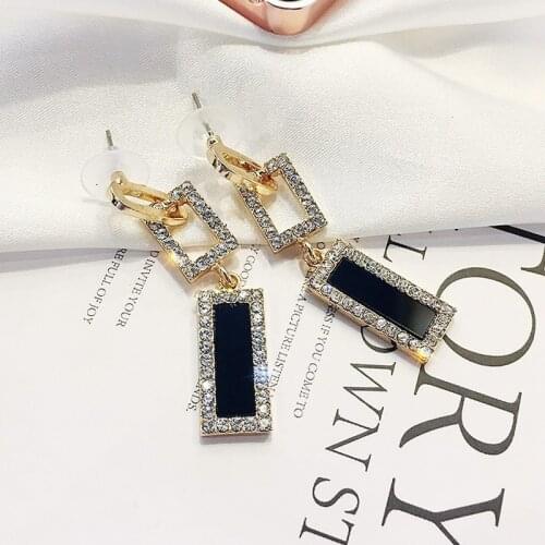 Korean Style Geometric Rhinestone Drop Earrings Long Black Rectangle Dangle Earrings for Women Party Jewelry Gift