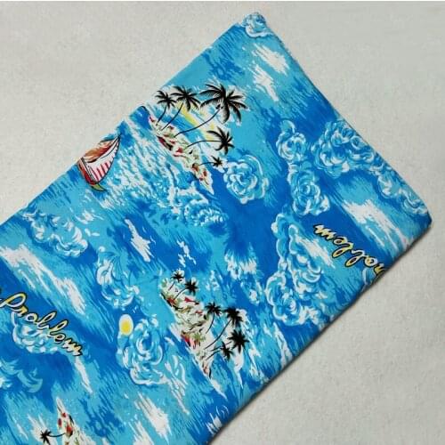 1Meter Pretty Blue Ocean Wave Island Tree Ship Rayon Fabric Viscose Smooth Soft Fabric Summer Shirt Baby Cloth Dress pajamas