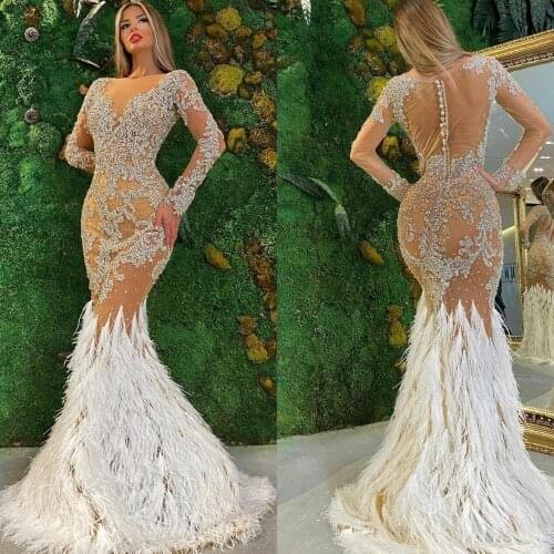 Gorgeous Feather Prom Dresses 2021 African Sheer Neck Long Sleeve Beading Sequins Evening Dress Formal Appliques robes de mariée