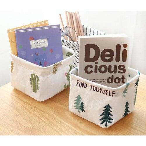 High Quality Cotton Linen Desktop Storage Basket Sundries Storage Box with Handle Linen Desk Makeup Organizer 11*11*9CM