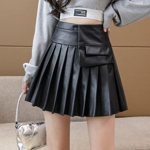 High Waist Skirts Women Black PU Faux Leather Mini Skirt Pleated Skirt 2021 Winter Autumn Sexy Party Bodycon Faldas Female