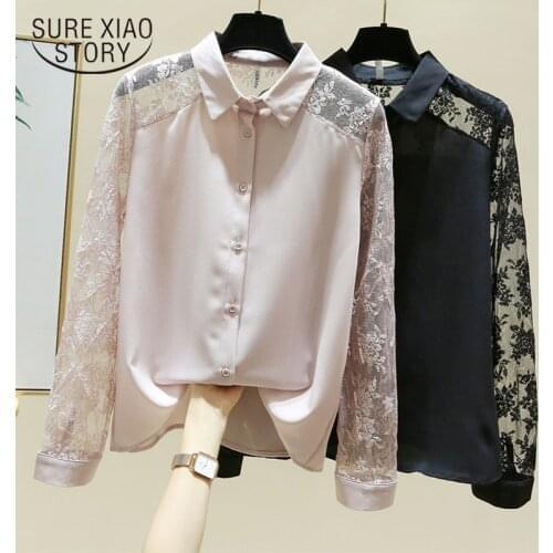 New Fashion Elegant Chiffon Blouse 2021 Long Sleeve Vintage Pink Button Up Shirt Tops Lace Spliced Blouses Women Casual 11923