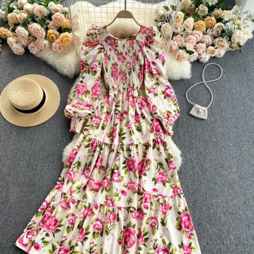 2021 Spring Summer Womens Dress French Retro Square Collar Printed Puff Sleeves Dress New Slim Waist Female Dresses LH480