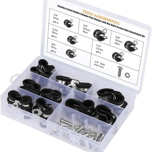 304 Stainless Steel Cable Clamps,1/4'' 5/16'' 3/8'' 1/2'' 5/8'' 3/4'' Rubber Cushion Pipe Clamps -20 Set Hex Bolts Screws Nuts