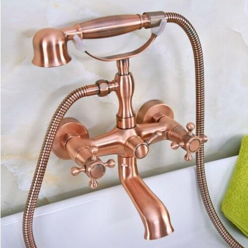 Antique Red Copper Brass Bathtub Faucets Wall Mounted Bathroom Basin Mixer Tap With Hand Shower Head Bath & Shower Faucet