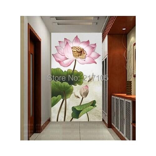 Free shipping large modern lotus paintings Porch corridor TV wall wallpaper