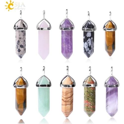 CSJA Bullet Shape Natural Stone Pendant Real Purple Crystal Men Women Chakra Gem Stones Quartz Pendants Summer Jewelry Gift E001