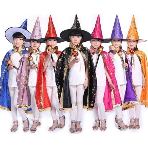 Kids Happy Halloween Costume Set Wizard Witch Cloak Cape Robe and Hat for Boy Girl