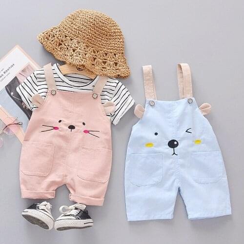 2020 Childrens Short Sleeve Suspender Suit Korean Striped Cat Pattern Fashion Childrens Short Sleeve New Two-Piece Suit