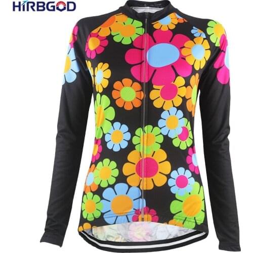HIRBGOD Stylish Cartoon Flower Print Womens Cycling Jersey Long Sleeve Lady DH Bicycle Bike Clothes Shirt maillot ciclismo-HK032