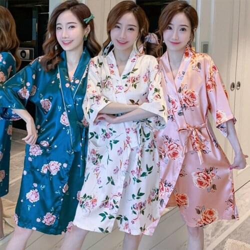 2021 Summer Silk Satin Short Sleeve Japanese Kimono Robes for Women Floral Print Bathrobe Sleepwear Homewear Night Dress Nighty
