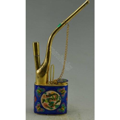 Collectible Decorated Old Handwork Cloisonne Carve Dragon Butterfly Smoking Pipe