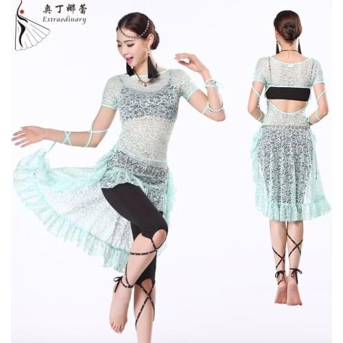Belly dance costumes lace Siamese clothes sexy belly dance training suit short sleeved summer