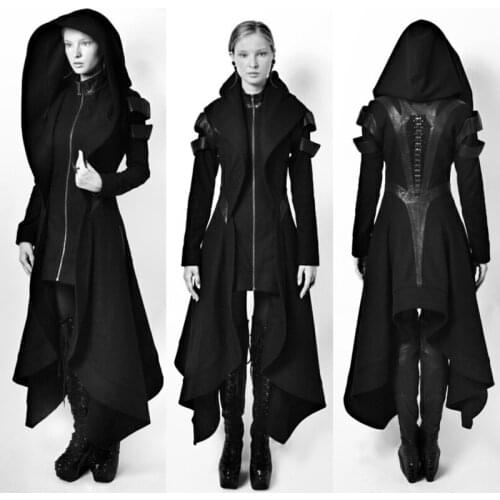 Cool Women Cosplay Coat Irregular Hooded Leather Patchwork Tops Cosplay Avant Long Coat Gothic Ninja Hero Clothing Warm Sexy Bla