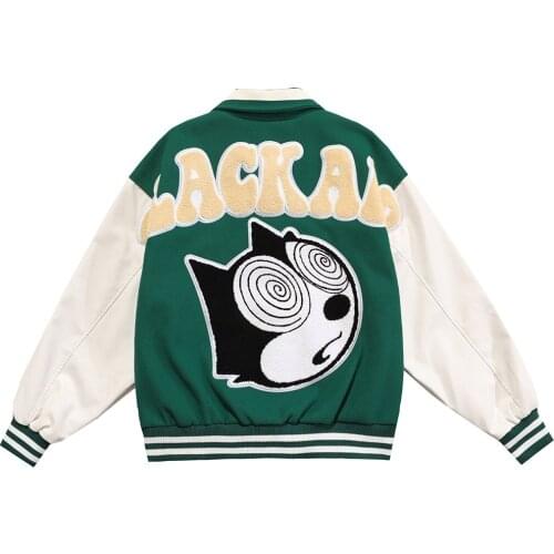 Jacket Men Cartoon Patches Patchwork Color Turn-down Collar Coat Harajuku Vintage College Style Varsity Jackets Outwear