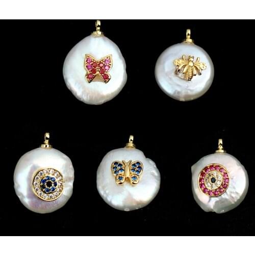 Fashion Created Pearl & Copper Insect Charms Round Gold Color Animals & Stars Rhinestone Micro Pave For DIY Jewelry,1 Piece