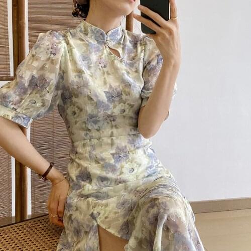 Chinese Style Fashion Young Ladies Elegant High Slit Womens Cheongsam French Pincess Style Outfits Floral Printed Streetwear