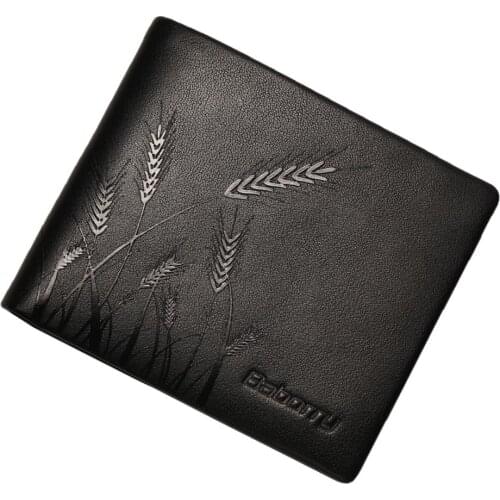 Mens Black Color Genuine Leather Wallets Ears of Wheat Pattern Embroidery Short Wallet Male Card Holder Coin Purse Money Bag