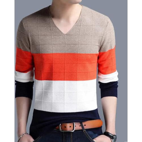 2019 Spring Brand Men Sweater V-Neck Striped Slim Fit Male Casual Long Sleeve Patchwork Pollover Sweaters Man Thin Clothes