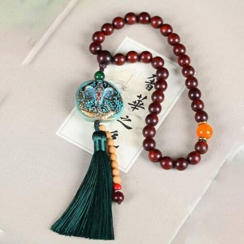 Natural Lobular Red Sandalwood Bracelet Round Beads with Fish and Insect Pattern Charm Car Pendant DIY Handmade Wood Jewelry