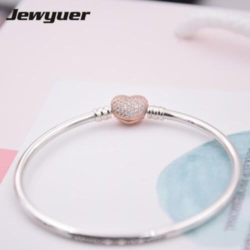 New 925 sterling silver Bangles Bracelets with rose gold heart clip fit charms beads DIY for women fine Memnon Jewelry YSZ062