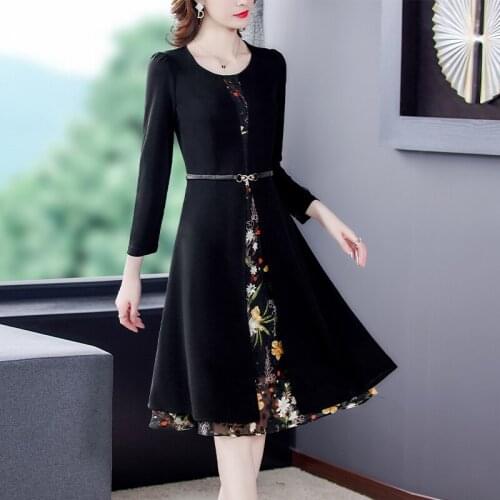 2021 Autumn Casual Office Black Print Midi Dresses Spring Vintage 5XL Plus Size Long Sleeve Dress Elegant Women Bodycon Vestidos
