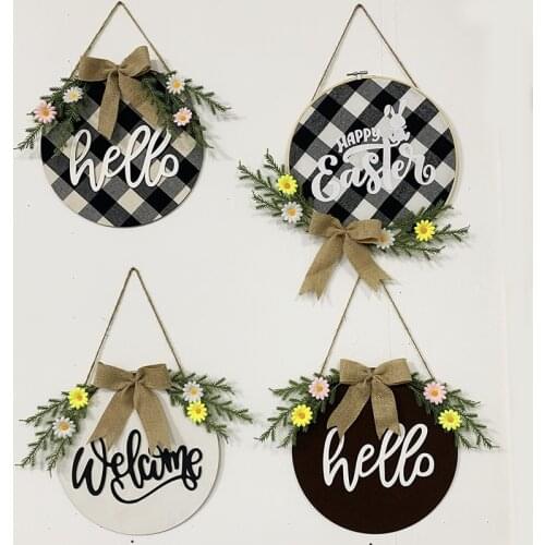Easter Spring Door Welcome Wreath Hanging Decor Round Wooden Pendant Door Sign Artificial Flower Garland Ornament Home Decor DIY