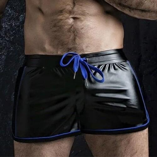 Sexy Men Punk PU Leather Slim Motorcycle Trousers Solid Color Plus Size Soft Boxer Shorts Elastic Band Underpants Penis Pouch