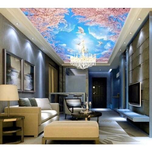Custom 3D ceiling photo wallpapers Blue sky, white clouds, cherry tree wallpaper for walls ceiling photo wallpaper