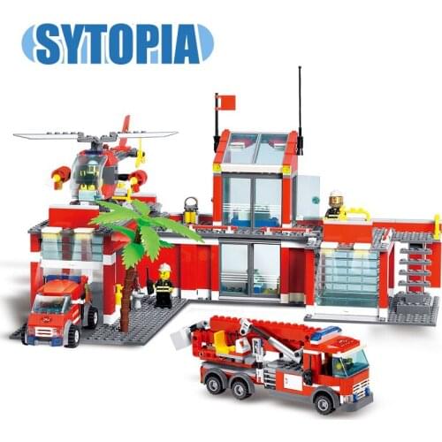 Fire Station Truck Helicopter Blocks City Series Educational Toys Gift For Boy Girl Children