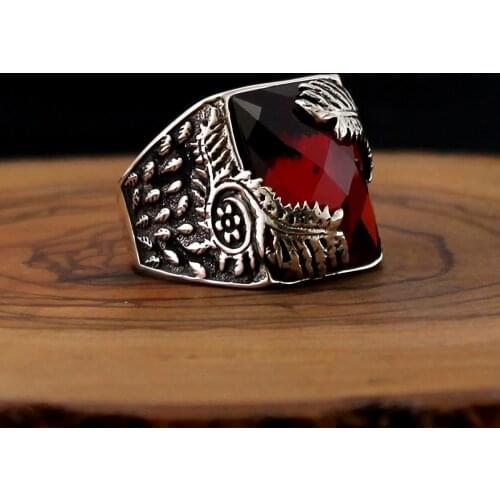 925 Sterling Silver Ring for Men Red Zircon Stone Jewelry fashion vintage Gift Aqeq Onyx Mens Rings All Size (made in Turkey)