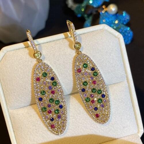 Luxury Colorful Cubic Zircon Round Card Dinner Earring Long Pendant For Women Jewelry Wedding Party Dropshipping