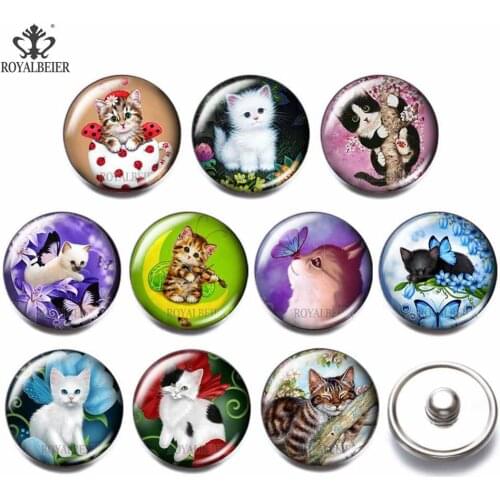 Royalbeier 10pcs DIY Snap Button Bracelet Jewelry Women Accessories Glass and Cat Pictures&Snap Buttons 18mm Snap Button Charm