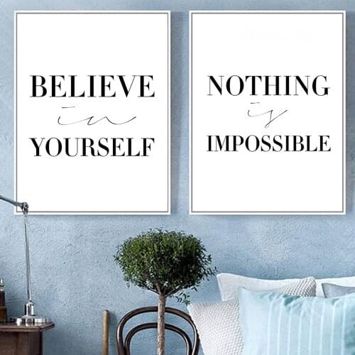 Nordic Black and White English Inspirational Phrase Poster Simple Creative Double Canvas Painting BELIEVE YOURSELF Home Decor