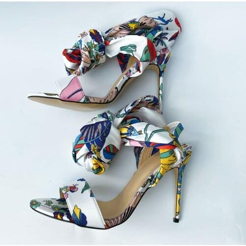 High Heels Wedding Bridal Sandals Open Toe Ankle Strap Satin Printed Bridesmaid Dress Shoes Summer High Heels