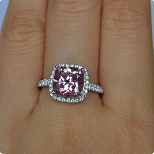 Solid 18K White Gold AU750 Ring 2CT Pink Cushion Diamond Engagement Ring For Female D Color Beautiful Finger Jewelry