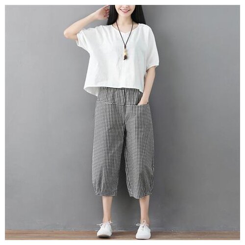 Women 2021 Summer Fashion Cotton Linen 2 Piece Suits Female Short-sleeved Loose Tops Ladies Casual Plaid Harem Pants Sets U102