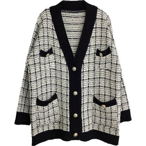 Womens Sweater Coat Knitted Cardigan Loose Fashion Plaid Pullover Korean Version Of the Long Section 2021 Autumn And Winter New