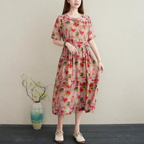 Plus Size Women Cotton Linen Casual Dress New 2021 Summer Vintage Style Floral Print Loose Ladies A-line Long Dresses B056