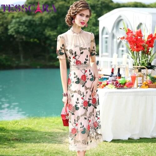 TESSCARA Women Luxury Embroidery Mesh Dress Festa High Quality Long Wedding Party Robe Femme Vintage Designer Floral Vestidos