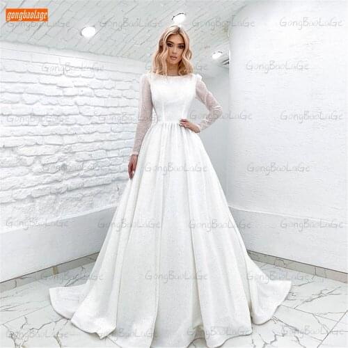Elegant white wedding dresses 2021 vestido de noiva O Neck Long Sleeves robe de mariage A Line Tulle Custom Made Bridal Gowns