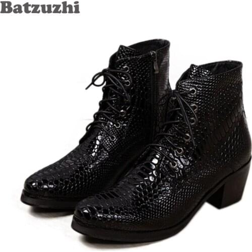 Batzuzhi 6.8CM High Heels Men Boots Round Toe Lace-up Leather Male Ankle Boots Fashion Japanese Style Boots Men Party/Wedding
