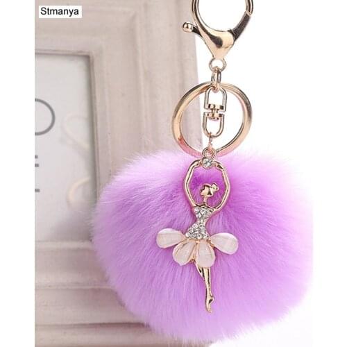 WomenAngel Keychain 8cm Fur Pom Pom Key Chain Faux Rabbit Hair Bulb Bag Car Pendant dance girl Fox Fur Ball Key Ring Party gift