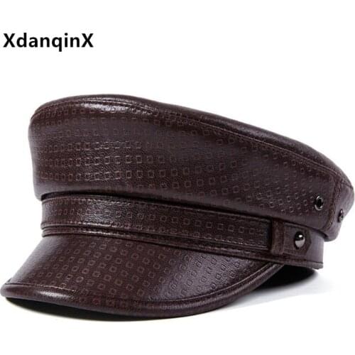 XdanqinX genuine leather cap natural sheepskin leather Military Hats for men women new trend brands flat cap snapback hat unisex